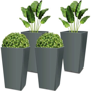 Yungyan Set of 4 Tall Outdoor Planters 20 Inches Tall Front Porch Planters Heavy Duty Flower Pot No Baskets Self Watering for Outdoor & Indoor (Grey)