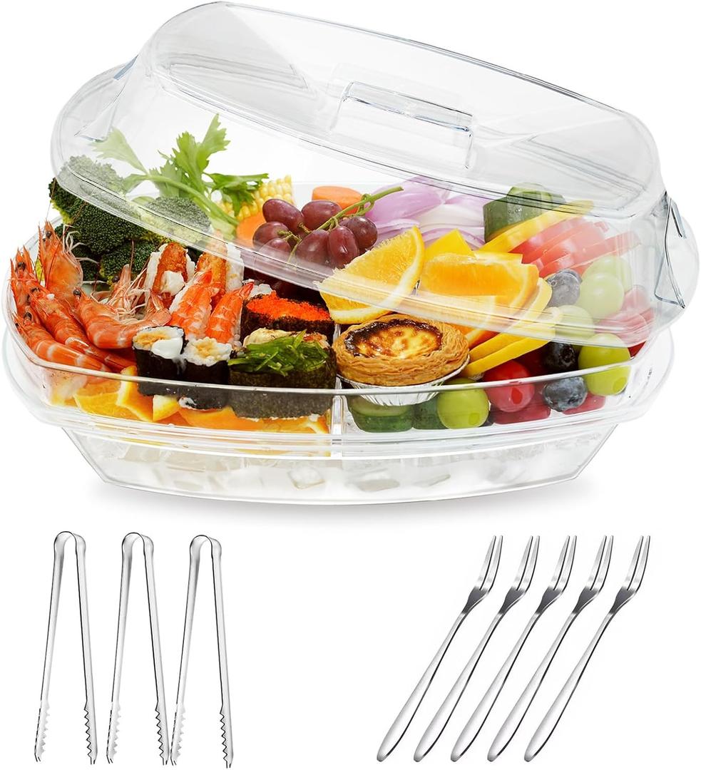 Chilled Ice Serving Tray, 15.1" Ice Chilled Party Platter, 3 Layers Veggie Platter with Lid, Stackable Appetizer Party with 4 Compartments for Shrimp, Fruits, Veggies