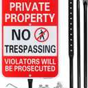 Large Private Property No Trespassing Sign with 54" Heavy Duty Metal Thick Stake, Violators Will Be Prosecuted, 17" x 12" .040 Aluminum Sign - Reflective, UV Protected and Weatherproof
