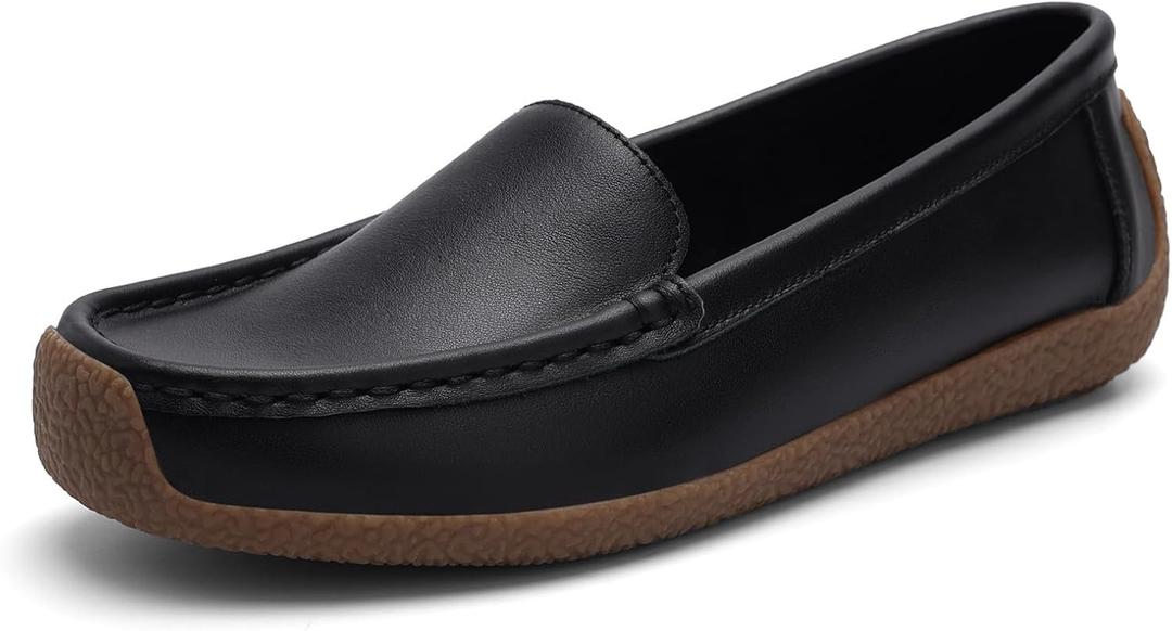 Women's Comfortable & Lightweight Leather Loafers Slip-Ons Driving Walking Mocs Boat Shoes Cute Business Casual Dress Shoes Work Flats for Women, 8, Black