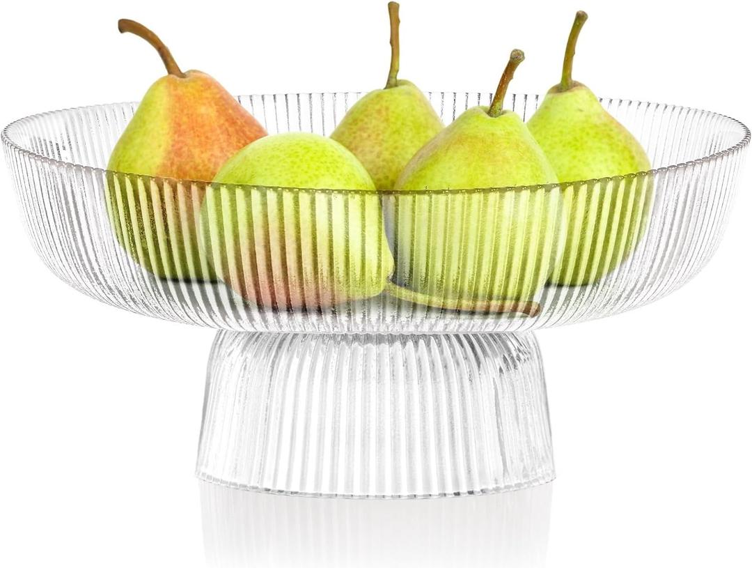ZOOFOX Fruit Bowl for Kitchen Counter, Large Decorative Glass Bowls with Pedestal, Ribbed Pedestal Bowl for Fruit, Vegetable, Salad and Dessert, Key Bowls for Entry Table