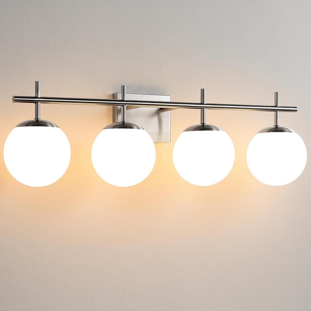 Vanity Light, 4-Light Brushed Nickel, 30.7 Inch Modern Bathroom Fixture With Milky White Glass Globe Shade, Lights Over Mirror Wall Sconce