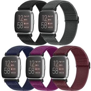 Vodtian Elastic Bands Compatible with Fitbit Versa 2/Versa Watch Band, Adjustable Nylon Braided Bands Replacement Solo Loop Sport Straps Wristband for Women Men (Black+Gray+Indigo+Purple+Wine Red)