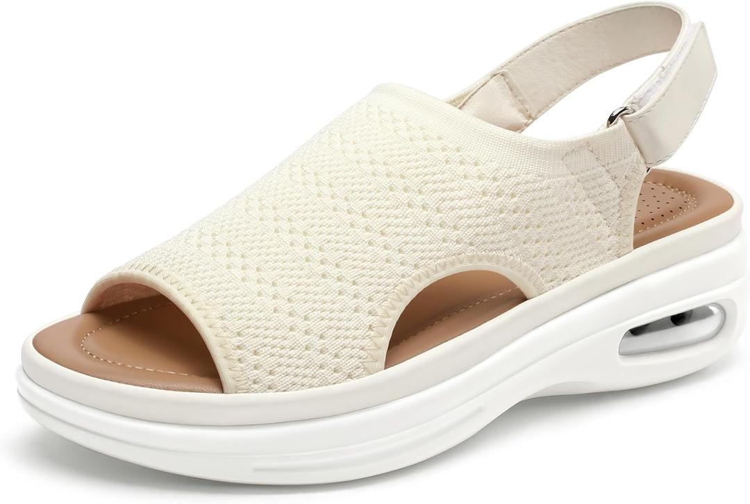 mysoft Women's Comfortable Air Cushion Support Walking Sandals Breathable Knit Slingback Platform Shoes (8, Beige)