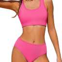 URMAGIC Girls Two Piece Swimsuits Ribbed Bikini Sets Swimming Bathing Suit Beach Sport Athletic Teen Girls Swimwear, Rose Red 9-10yrs