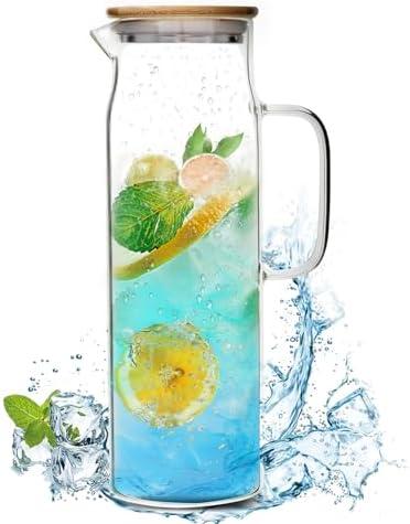 50oz Glass Pitcher with Lid, Glass Water Carafe with Handle, Fridge Water Jug Cold or Hot Beverages, Iced Tea, Milk, Juice