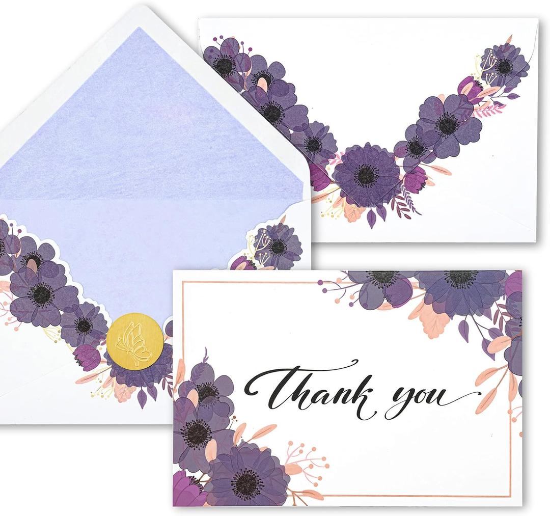 4 x AZAZA Floral Thank You Cards with Envelopes 24 PK, Wedding Purple Cards Unique Floral Design, 4x6 Wildflower Thank You Notes for Baby Shower, Bridal Shower, Sympathy (Purple Violet Flowers)