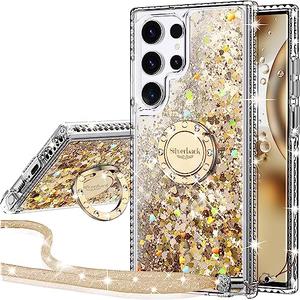 Silverback for Samsung Galaxy S24 Ultra Case with Ring, Women Girls Bling Holographic Sparkle Glitter Cute Cover,Diamond Ring Protective Phone Case for Galaxy S24 Ultra - Clear Gold