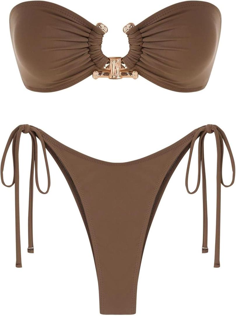 ZAFUL Women's Bandeau Bikini Shiny Metal Ring Decor Lace Up Tied Side High Cut Strapless Swimsuit (Large, 1-coffee)