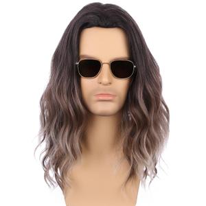 Mens Ombre Brown Wig Long Curly Wavy Brown to Blonde Wig Middle Length Mixed Brown Hair Wig Halloween Cosplay Costume Party Wigs