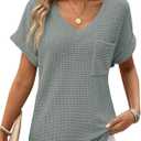 Dokotoo Womens Waffle Knit Tops 2025 Spring Summer V Neck Shirts Casual Trendy Women's Blouses Basic Tee S