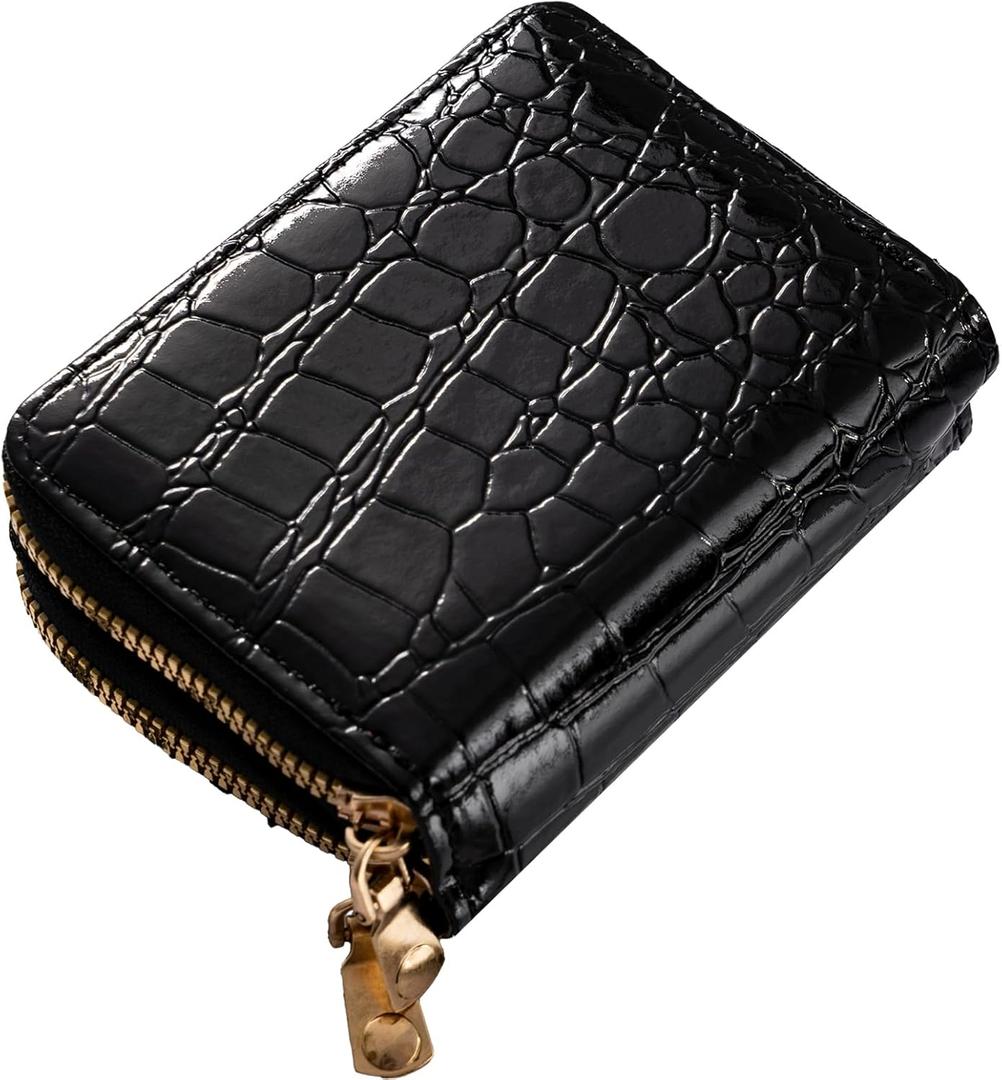 Trendy Crocodile Patterned PU Card Holder, Zippered Multi-slot Small Purse for Men & Women (Black)