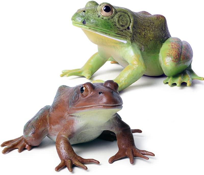 Realistic Tree Frog Figure Plastic Hand Painted Bullfrog Figurine Educational Rubber Animal Model Toys for Kids Children (Green and Brown)