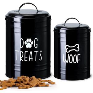 Dog Treat Container Airtight, Dog Treat Jar Set of 2 with Lid - 9x5.5''&7x4'' Metal Dog Cookie Jar for Farmhouse Kitchen Counter, Black Treat Jars for Pets, Treat Storage Container for Dogs, Cats
