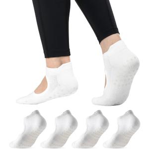 COOLMATE Pilates Socks with Grips for Women, Yoga Socks, Crew Non Slip Women for Barre, Pilates Gifts for Women (White)