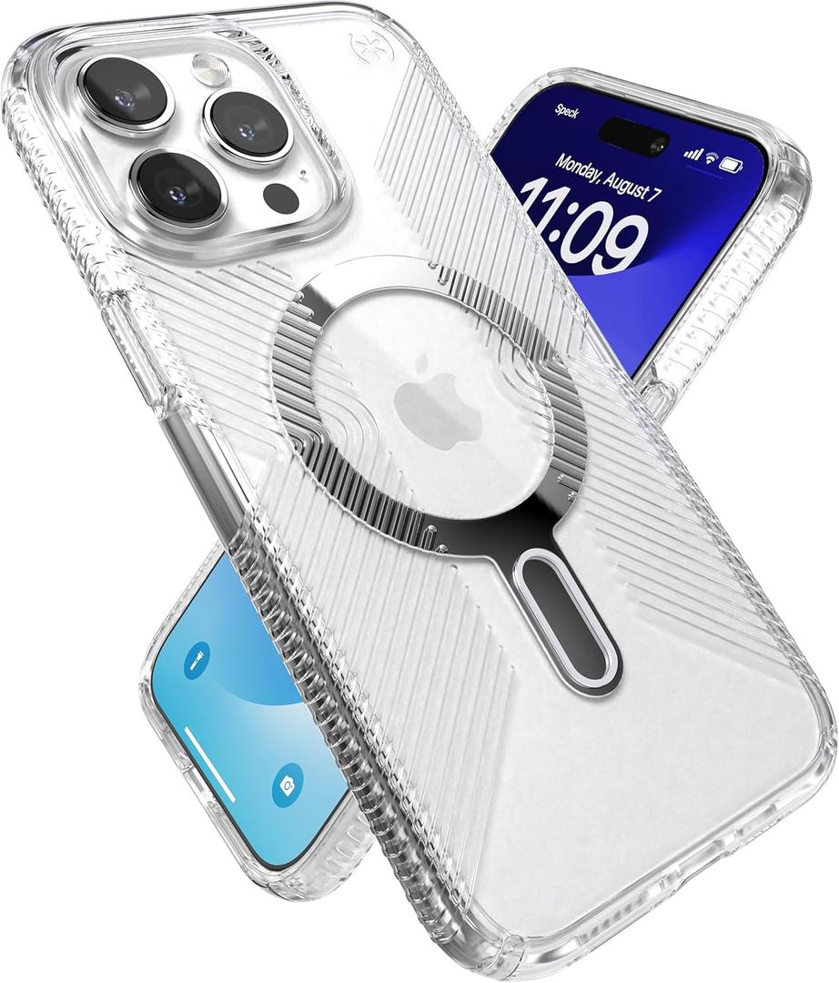 Speck Clear iPhone 15 Pro Max Case - ClickLock No-Slip Interlock, Built for MagSafe, Drop Protection Grip - Scratch Resistant, Anti-Yellowing, 6.7 Inch Phone Case - Presidio Grip Clear/Chrome