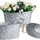 Galvanized Metal Oval Planter Buckets with Handles  Set of 3 Rustic Farmhouse Flower Tubs with Drain Holes & Plugs, Vintage Small Pots for Herbs, Succulents, Wedding or Tabletop Decor (Flower style)