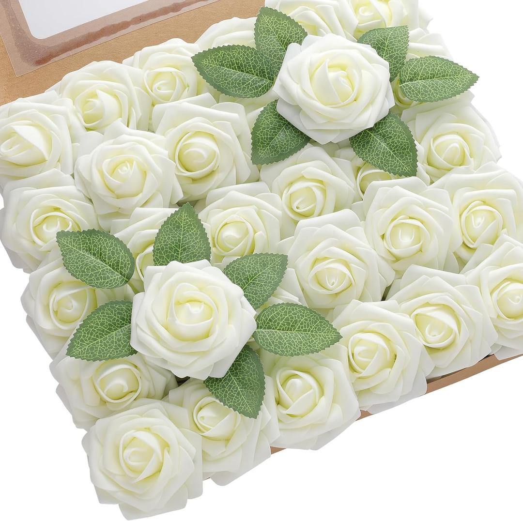 DerBlue 60pcs Artificial Roses Flowers Real Looking Fake Roses Artificial Foam Roses Decoration DIY for Wedding, Arrangements Party Home Decorations