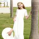 PATPAT Girl's Maxi Dress Boho Short Sleeve Long Dresses Casual Sundress with Pockets 5-14 Years (10-11 Years, White)