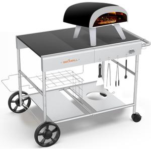 Upgraded Pizza Oven Cart Table for Ooni Koda/Karu/Fyra 16 & 12, Movable Thicken & Widen Rolling Kitchen Cart, Outdoor Grill Stand for Ninja Woodfire,Blackstone Griddle,Barbecue Tool Set