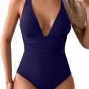 Eomenie Women's One Piece Swimsuit Tummy Control Bathing Suit V Neck Slimming 1 Piece Swimwear (X-Large, Purplish Blue)