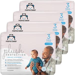Amazon Brand - Mama Bear Plush Protection Diapers - Size 3, One Month Supply, Hypoallergenic Premium Disposable Baby Diapers, 160 Count (Pack of 4), White and Cloud Dreams