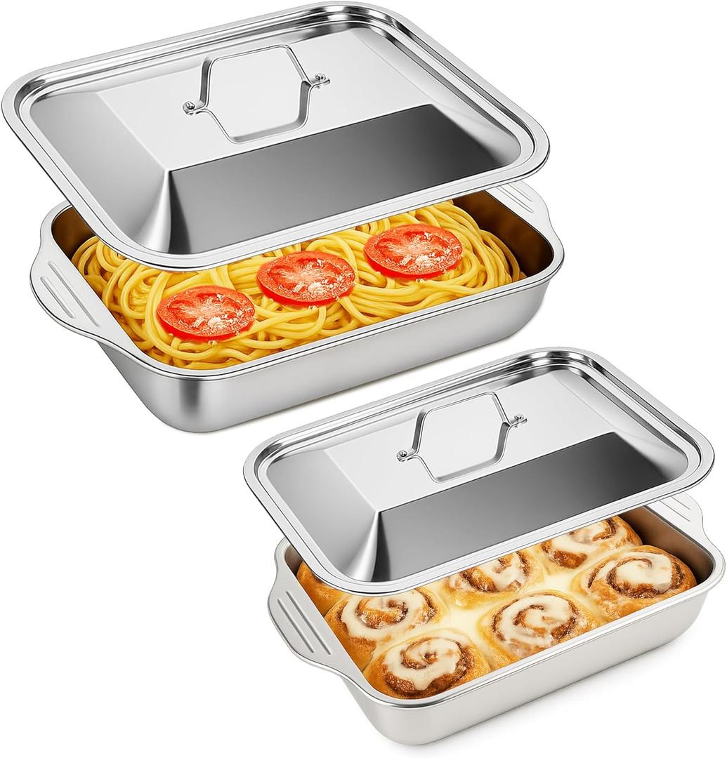 2 PCS Stainless Steel Lasagna Pans with Lid M(16.14x9.5x3.1") 7.8QT & S(14.6x8.7x2.76") 6QT,Nonstick Deep Roasting Dish, Oven & Dishwasher Safe,Perfect for Turkey, Chicken, Vegetables and Baking