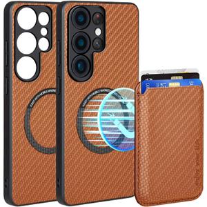 Designed for Samsung S23 Ultra Case, Galaxy S23 Ultra Case with Card Holder, Supporting for Mag-safe & Magnet, Knitted PC Cover with Soft TPU Edges, Anti-slip & Shock-absorbing,Business Design(Orange)