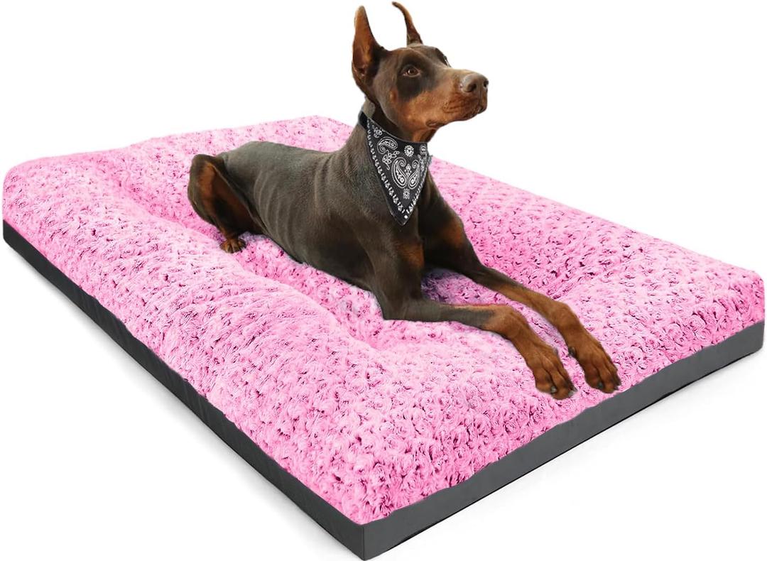 POCBLUE Dog Beds Large Sized Dog, Washable Plush Pet Bed for Crate, Anti-Slip Pet Mat for Cages, Comfy Crate Pad for Outdoor/Indoor/Car Use, Soft Kennel Pad for Dogs Up to 60 lbs, 35"x23", Pink