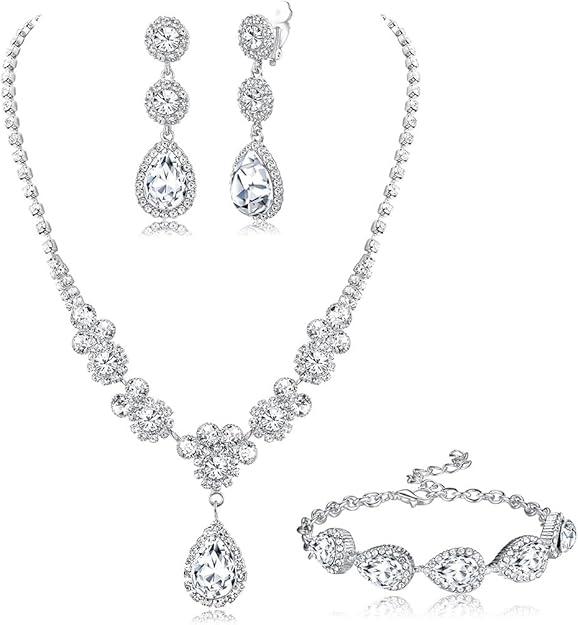 FUNRUN JEWELRY Silver Jewelry Set for Women Rhinestone Necklace and Earrings Bridal Wedding Jewelry Sets for Brides Bridesmaid Crystal Wedding Prom Jewelry