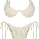 ZAFUL Womens Bikini Sets Underwire Sexy Two Piece Swimsuits Ribbed Bathing Suit High Cut Thong Back Clasp Swimwear BEIGE Medium Size