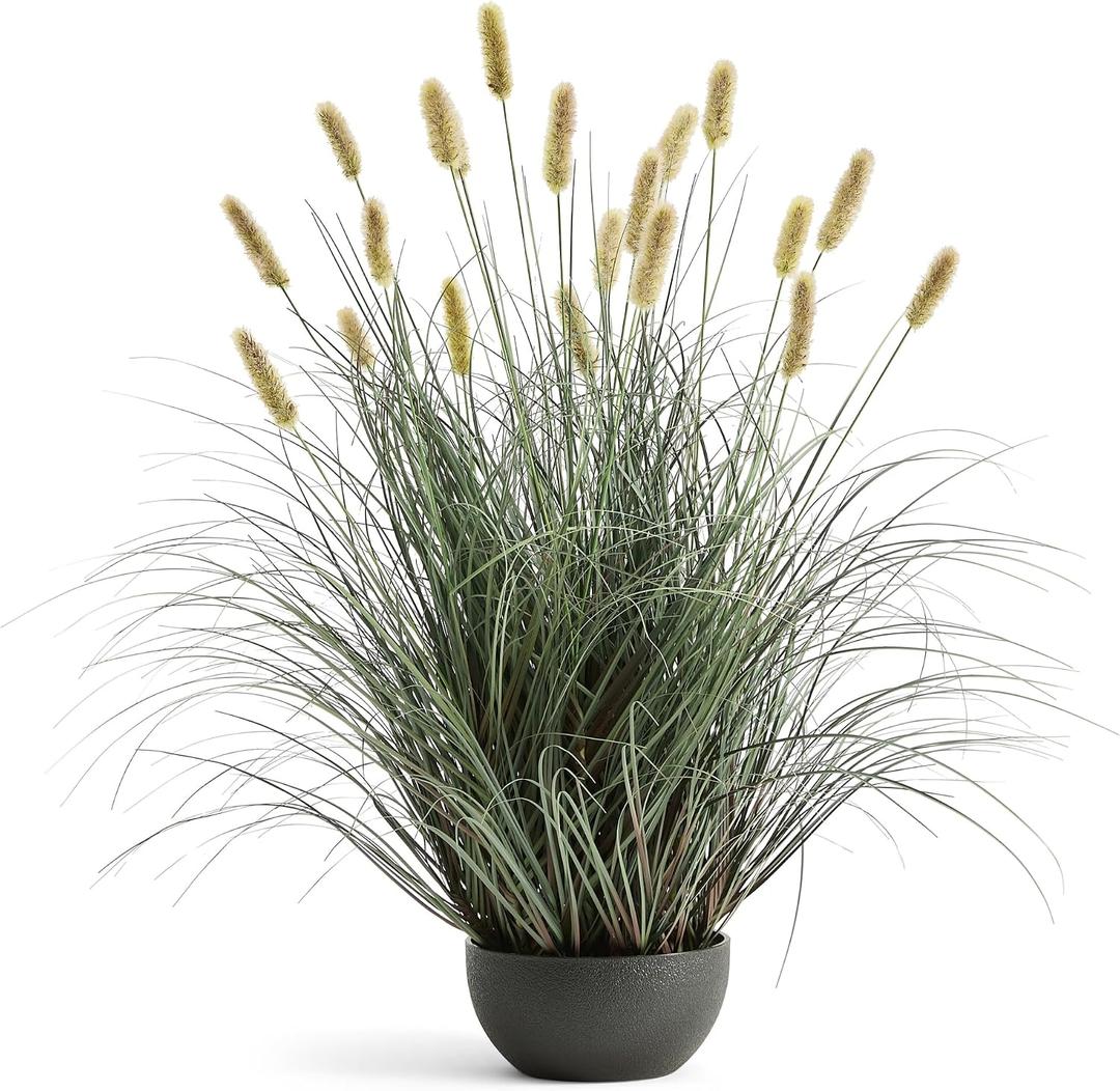 FloraFairy 3ft Onion Grass, Extra Lush Artificial Plant and Greenery, Fake Floor Plants Indoor Outdoor, Potted Faux Green Bristlegrass with Yellow Spikes, Horsetail Reed Grass, House Decorative