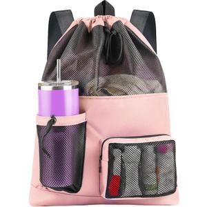 HOHOM Swim Mesh Beach Bag, Waterproof Gym Bags for Women and Men, Large Pool Bag Swimming Gear Drawstring Backpack, One Size
