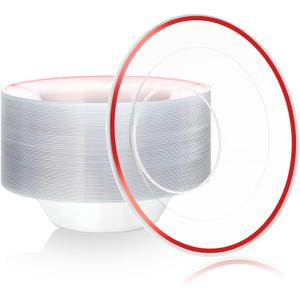 FoldTier 50 Pcs Clear Plastic Party Bowls 12 oz Dessert Bowls Disposable Dinnerware Elegant Tableware Dishes for Catering, Holidays, Parties Supplies, Weddings (Red)