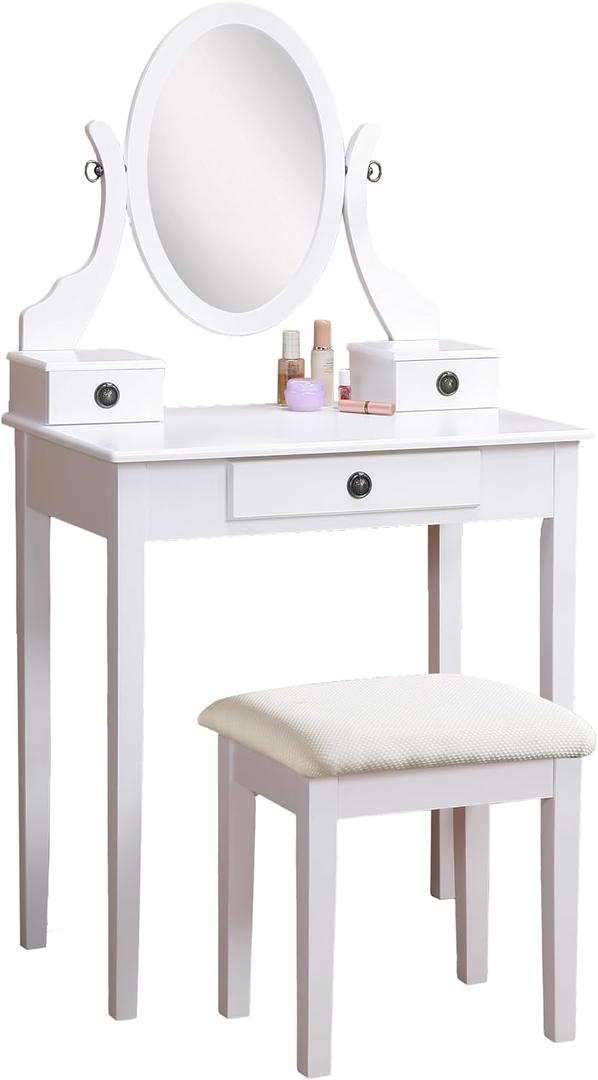 Roundhill Furniture Moniya White Wood Vanity Table and Stool Set (3415WH) Medium