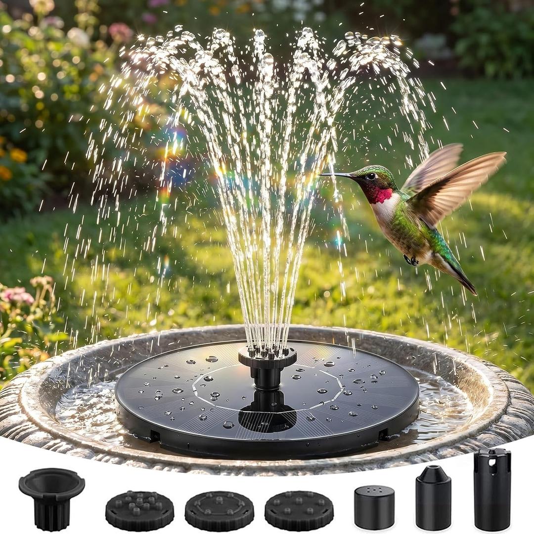 Solar Fountain for Bird Bath, 2026 Upgrade Solar Bird Bath Fountain with 7 Nozzle, 4 Fixed Pipe, Outdoor Standing Floating 1.4W Solar Powered Water Pump Fountain for Garden, Ponds, Pool, Tank (6.3 In)