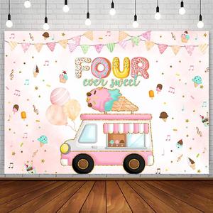 7x5ft Four Ever Sweet Birthday Backdrop for Girls Ice Cream Truck 4th Birthday Party Decorations Colorful Confetti Balloon Donut Music Photography Background 4 Years Old Bday Banner Photo Props