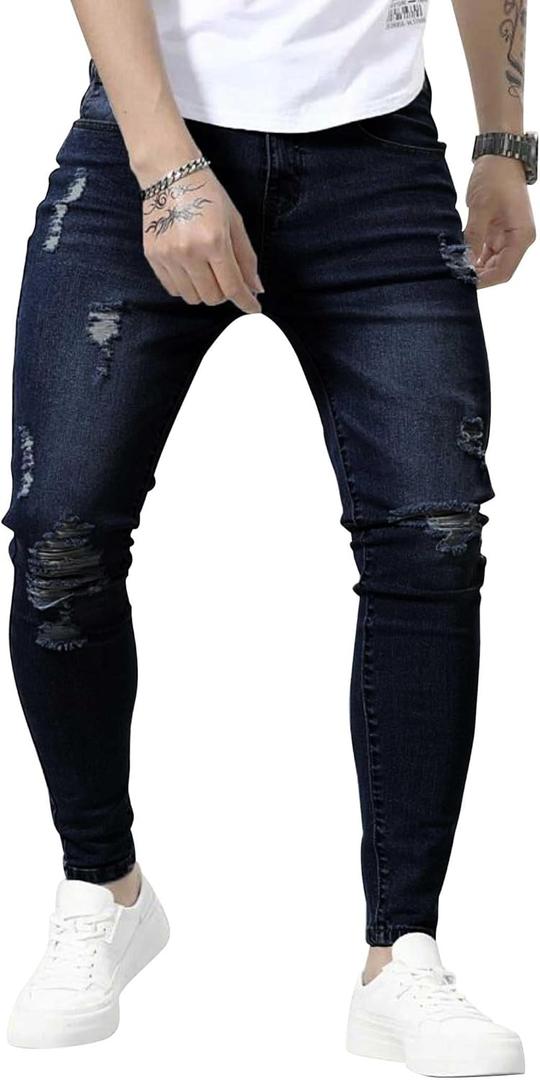 HUNGSON Skinny Jeans for Men Stretch Slim Fit Ripped Distressed (Blue)