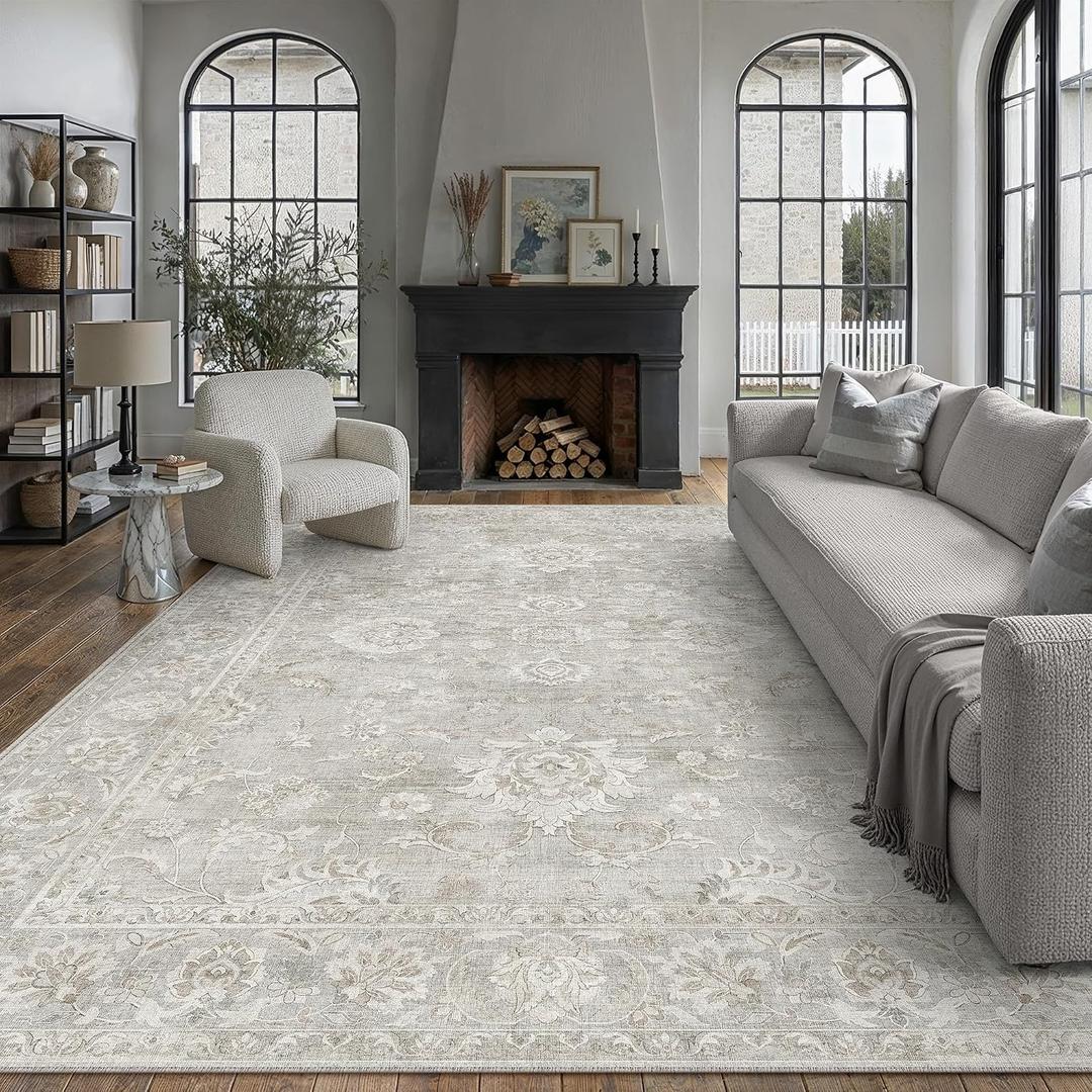 9x12 Grey Area Rug for Living Room Bedroom Neutral Floral Soft Non Slip Rug Low Pile Distressed Large Carpet for Dining Room Nursery Office Indoor