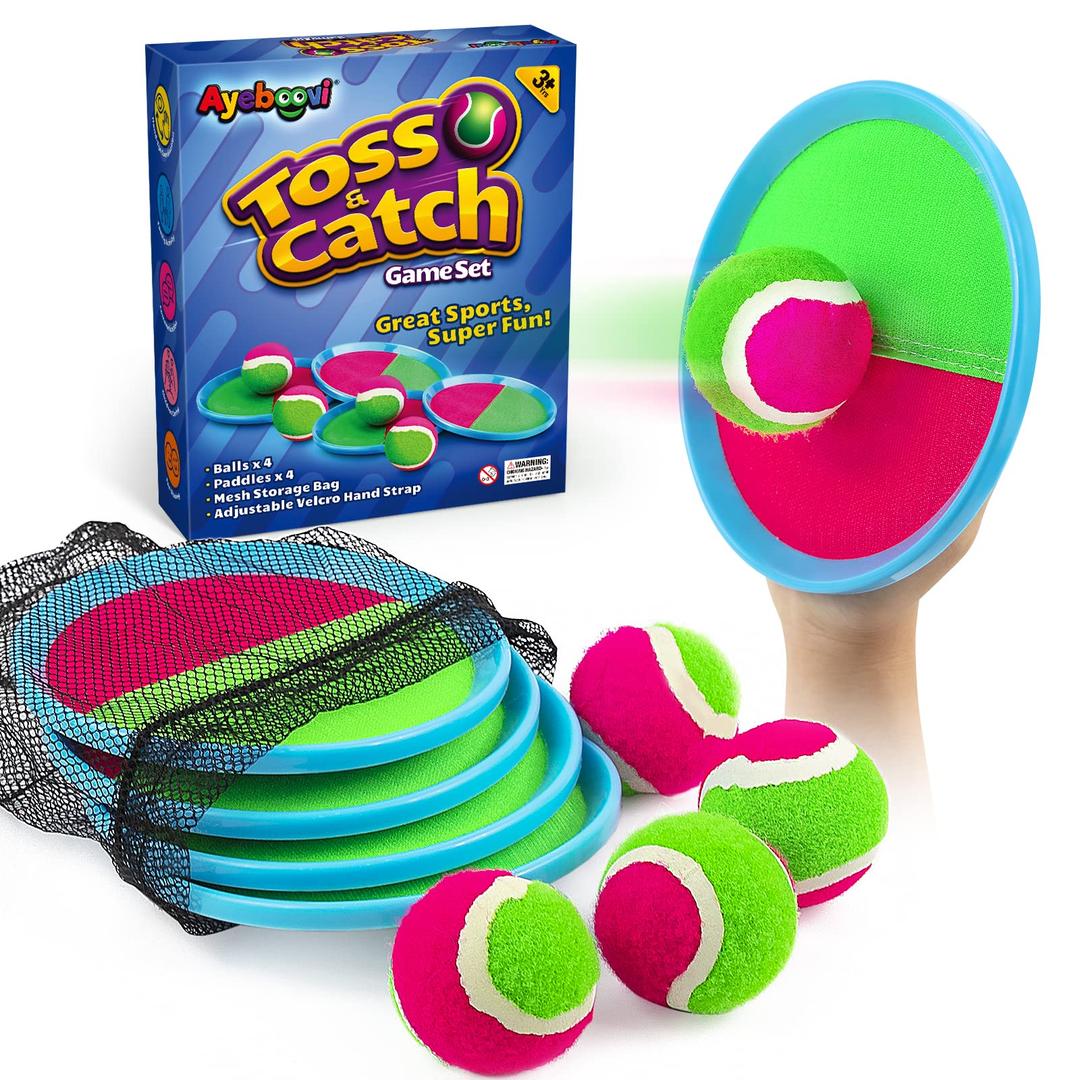 Toss and Catch Ball Set Game Kids Outdoor Toys, 4 Ball, 4 Paddles, Mesh Storage Bag, Adjustable Hand Strap