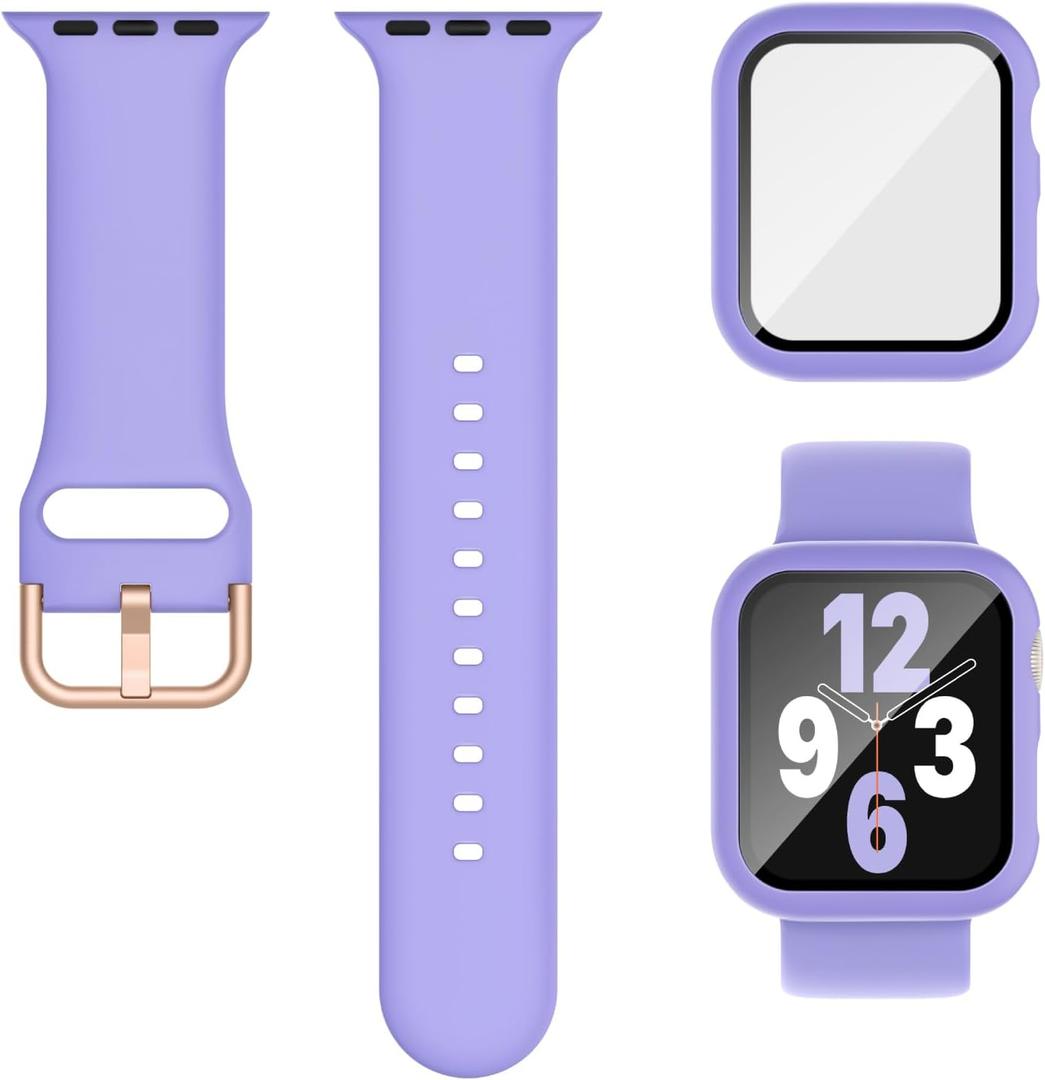 2 x 3-in-1 Compatible for Apple Watch Band 40mm 41mm 44mm 45mm and Case with Screen Protector, Sport Silicone Bands and Protective Cover with 9H Tempered Glass for iWatch Series SE 9 8 7 6 5 4