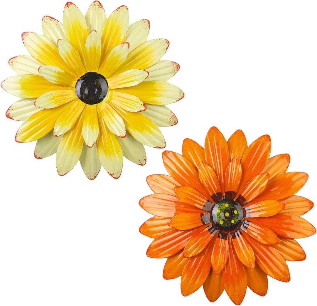 Outdoor Metal Wall Art Decor, 2 Pack 8 Inch Sunflower Wall Decorations, Hanging Outdoor wall Decor, Handmade Metal Flowers for Outdoor Outside Indoor Decor,Yellow+Orange