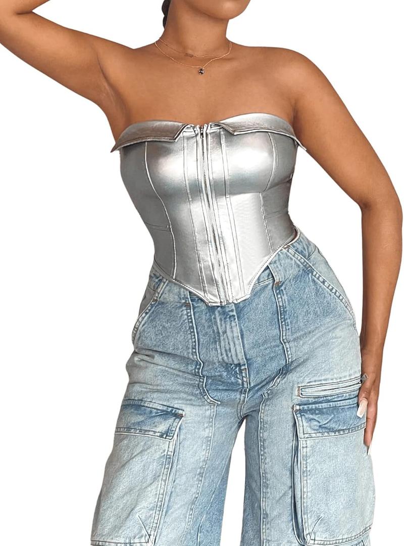 GORGLITTER Women's Metallic Strapless Bandeau Tube Tops Sleeveless Backless Asymmetrical Country Concert Corset Tops (Medium)