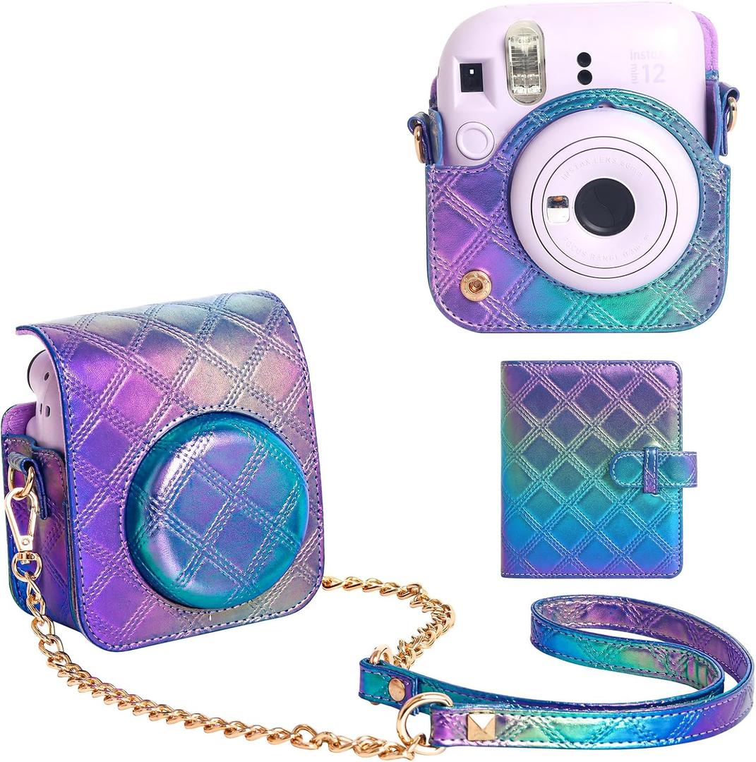 WOGOZAN Protective Case for Fujifilm Instax Mini 12 Instant Case, Mini 12/11 PU Leather Camera Case with 64 Pocket 2x3 Photo Album, Metal Chain Shoulder Strap (No Camera) - Pearl Blue Purple