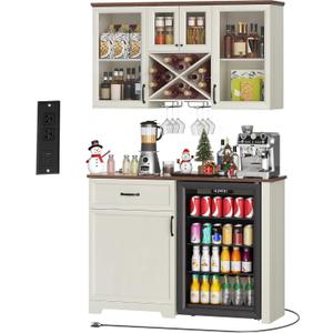 DWVO Coffee Bar Cabinet with Mini Fridge Space Storage & Charge Station, Wall-Mounted Kitchen Pantry Cabinets with Glass Doors & Wine Storage & Glass Racks for Home Living Dining Room, White Walnut