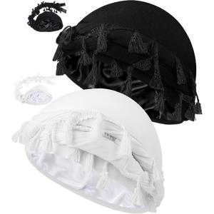 Ababalaya Adjustable Satin Lined Halo Turban for Men Women Twisted Tassel Head Wraps Sleep Cap Beanies Turban Durag (Blackwhite)