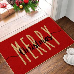 Red Merry Christmas Welcome Decorative Doormat, Winter Seasonal Door Mat Christmas Holiday Low-Profile Floor Switch Mat for Indoor Outdoor 17 x 29 Inch