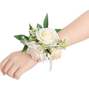 Ling's moment 2pcs Prom Wrist Corsage Artificial Flowers, Girl/Mother Corsages Wristlet Dcor for Homecoming/Wedding/Anniversary, etc. White Ivory