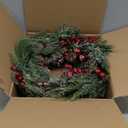 Timer-20 Inch Flocked Christmas Wreaths for Front Door, Lighted Christmas Wreath with 30 LED Warm White Lights, Real Touch Cedar Wreath Cypress Pinecone Red Berry Xmas Wreath Decor Home Outdoor Indoor