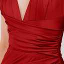 LAGSHIAN Women's Elegant V Neck Halter Backless Bodycon High Split Ruched Long Formal Evening Dress (Red, XL)